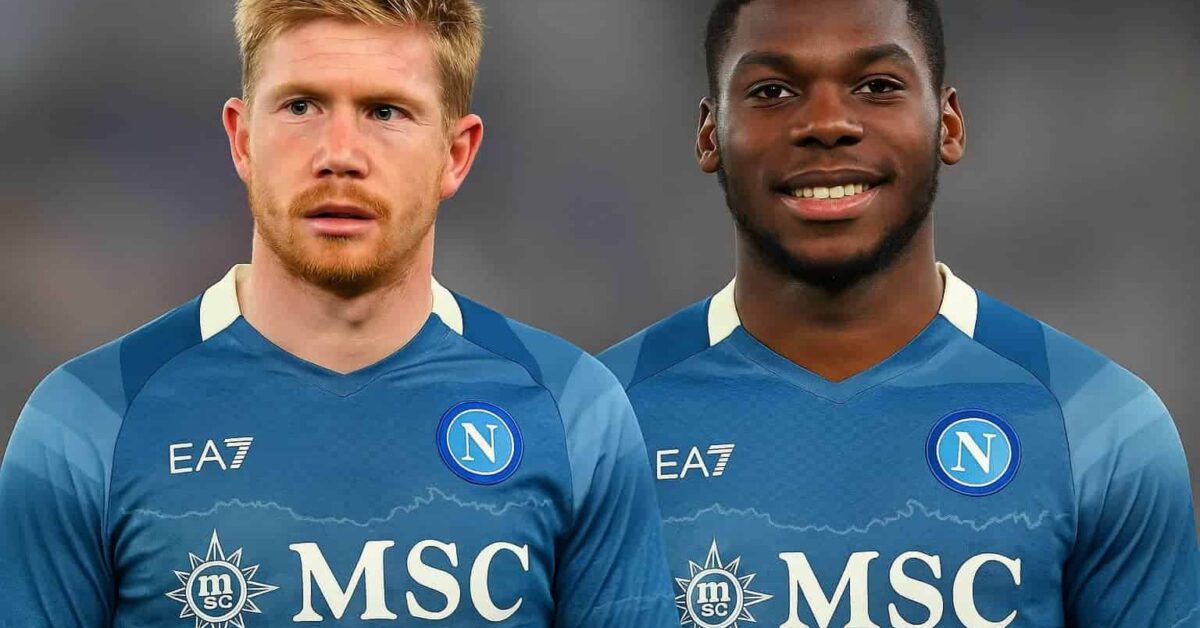 Un fotomontaggio con i volti di Kevin De Bruyne e Yunus Musah con la maglia del Napoli