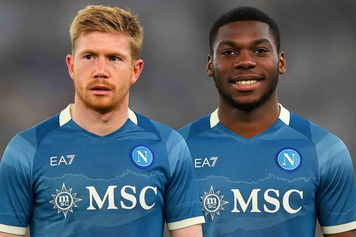Un fotomontaggio con i volti di Kevin De Bruyne e Yunus Musah con la maglia del Napoli