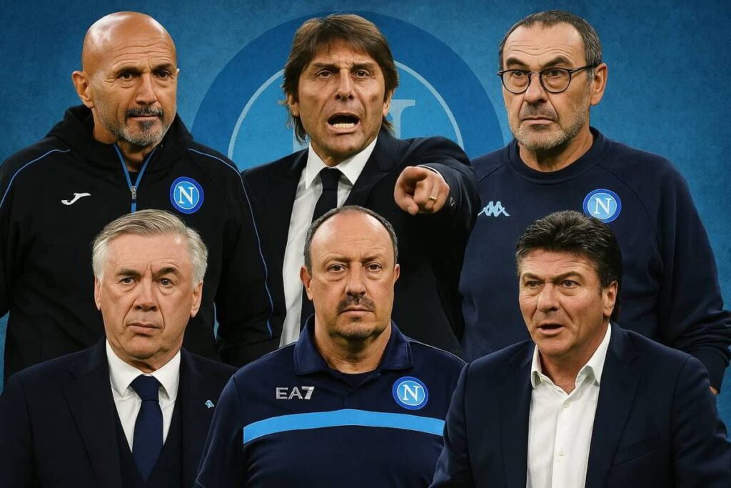 collage di volti di allenatori: Spalletti, Conte, Sarri, Ancelotti, Benitez e Mazzarri