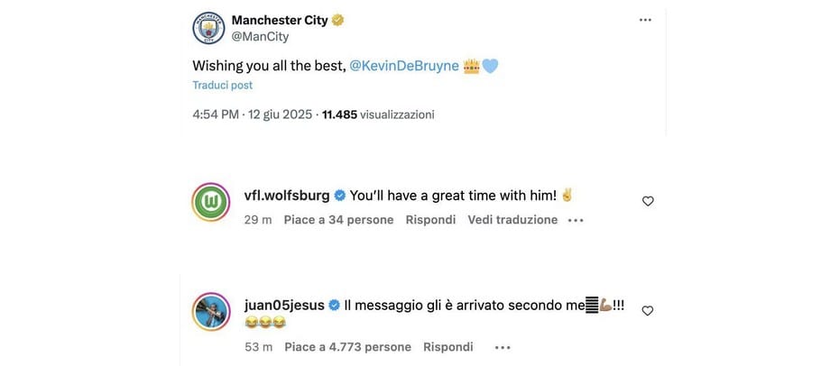 Il City saluta De Bruyne dopo l'annuncio al Napoli 