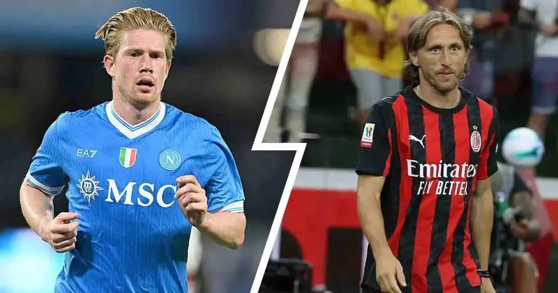 Il duello a centrocampo tra Kevin De Bruyne del Napoli e Luka Modric del Milan Il duello a centrocampo tra Kevin De Bruyne del Napoli e Luka Modric del Milan