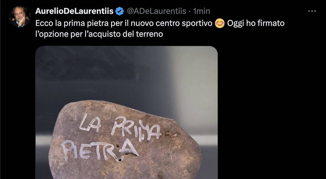 Napoli, De Laurentiis: «Firmata l’opzione per il nuovo centro sportivo». La “prima pietra” su X Napoli, De Laurentiis: «Firmata l’opzione per il nuovo centro sportivo». La “prima pietra” su X