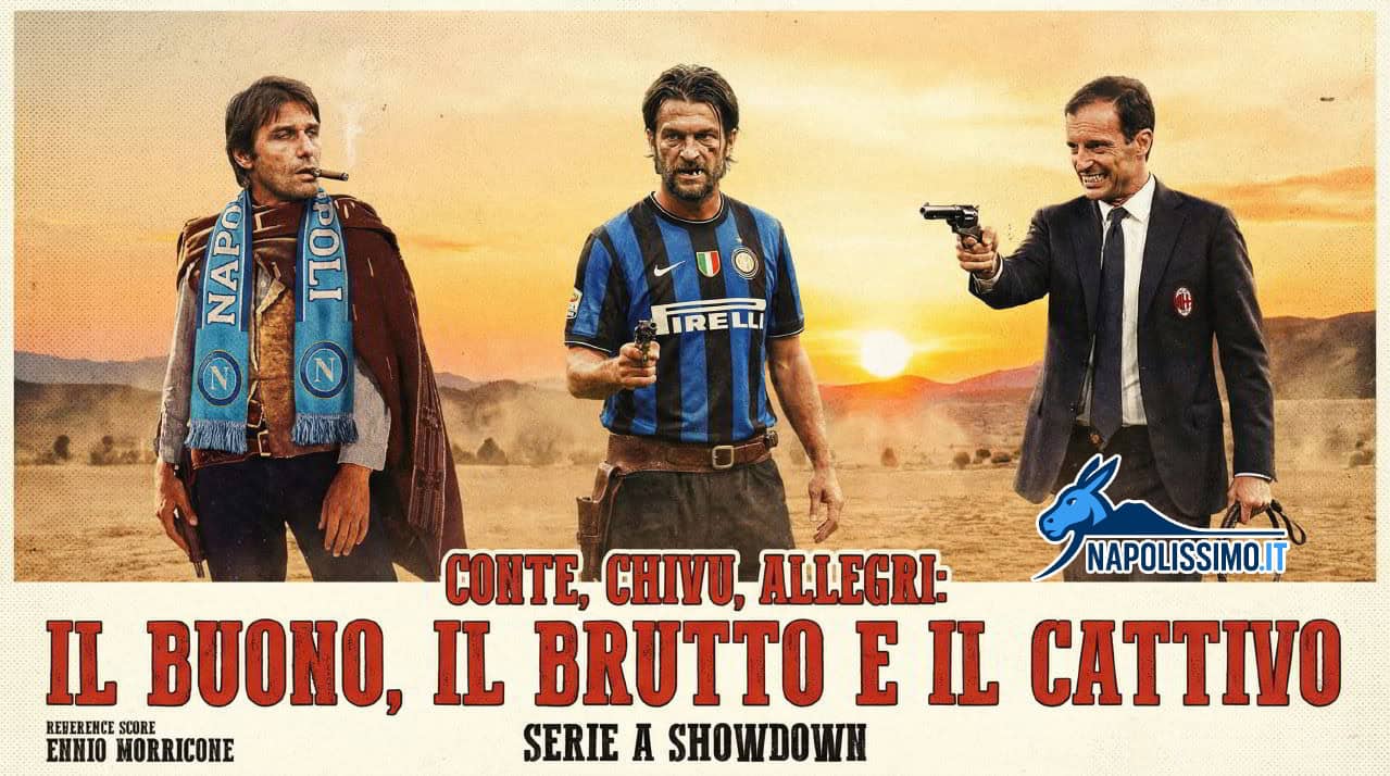 Grafica ironica Conte Chivu Allegri vestiti come Il Buono Il Brutto Il Cattivo per lotta Scudetto Serie A Grafica ironica Conte Chivu Allegri vestiti come Il Buono Il Brutto Il Cattivo per lotta Scudetto Serie A