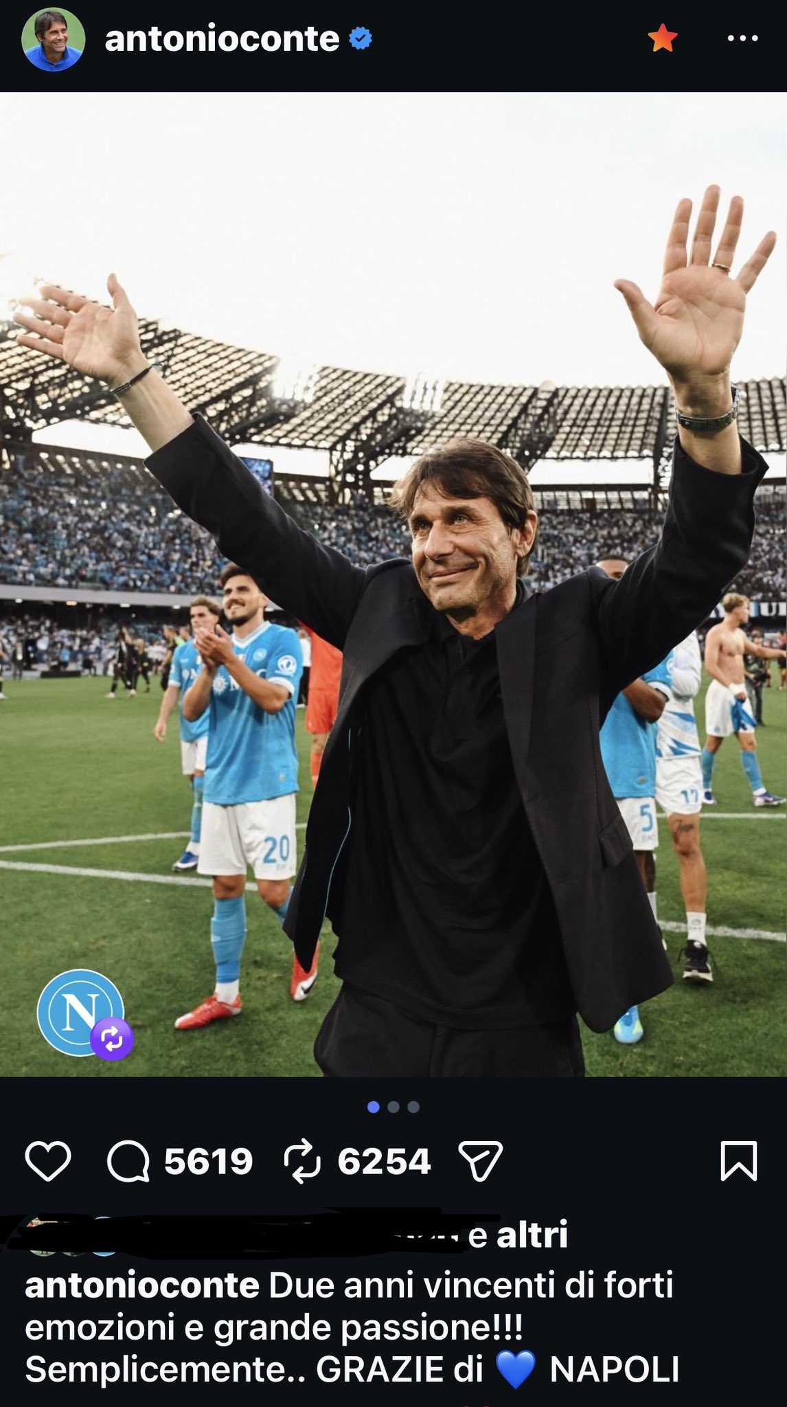 Napoli, il messaggio d'addio di Conte: «Semplicemente grazie di cuore» Napoli, il messaggio d'addio di Conte: «Semplicemente grazie di cuore»